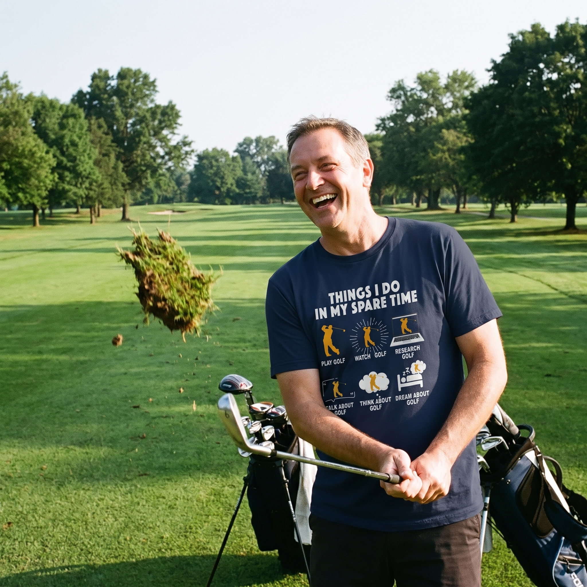 Golfer laughing mid-chunk wearing the Things I Do In My Spare Time tee