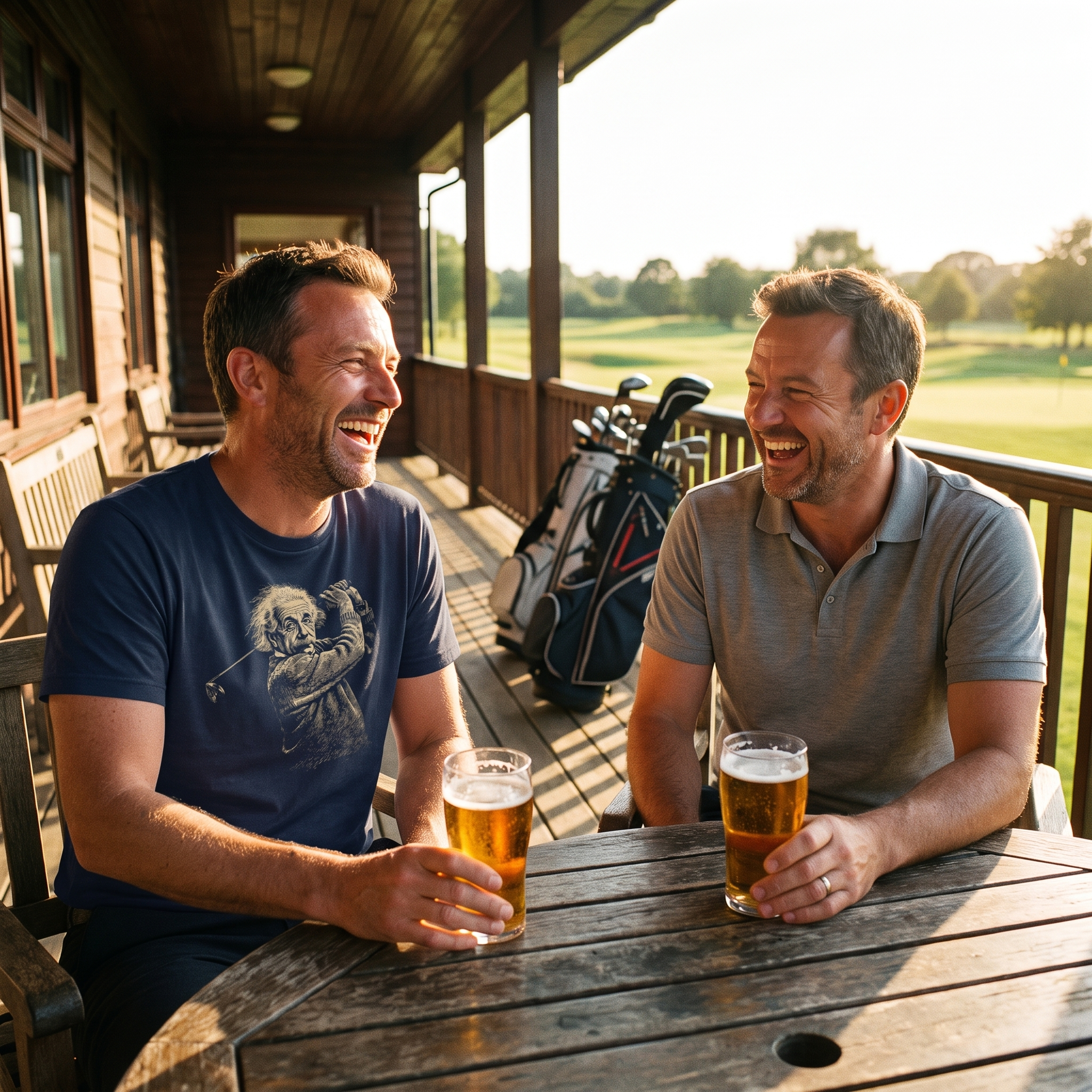 Two golf mates laughing over pints, one wearing the Einstein golf swing tee