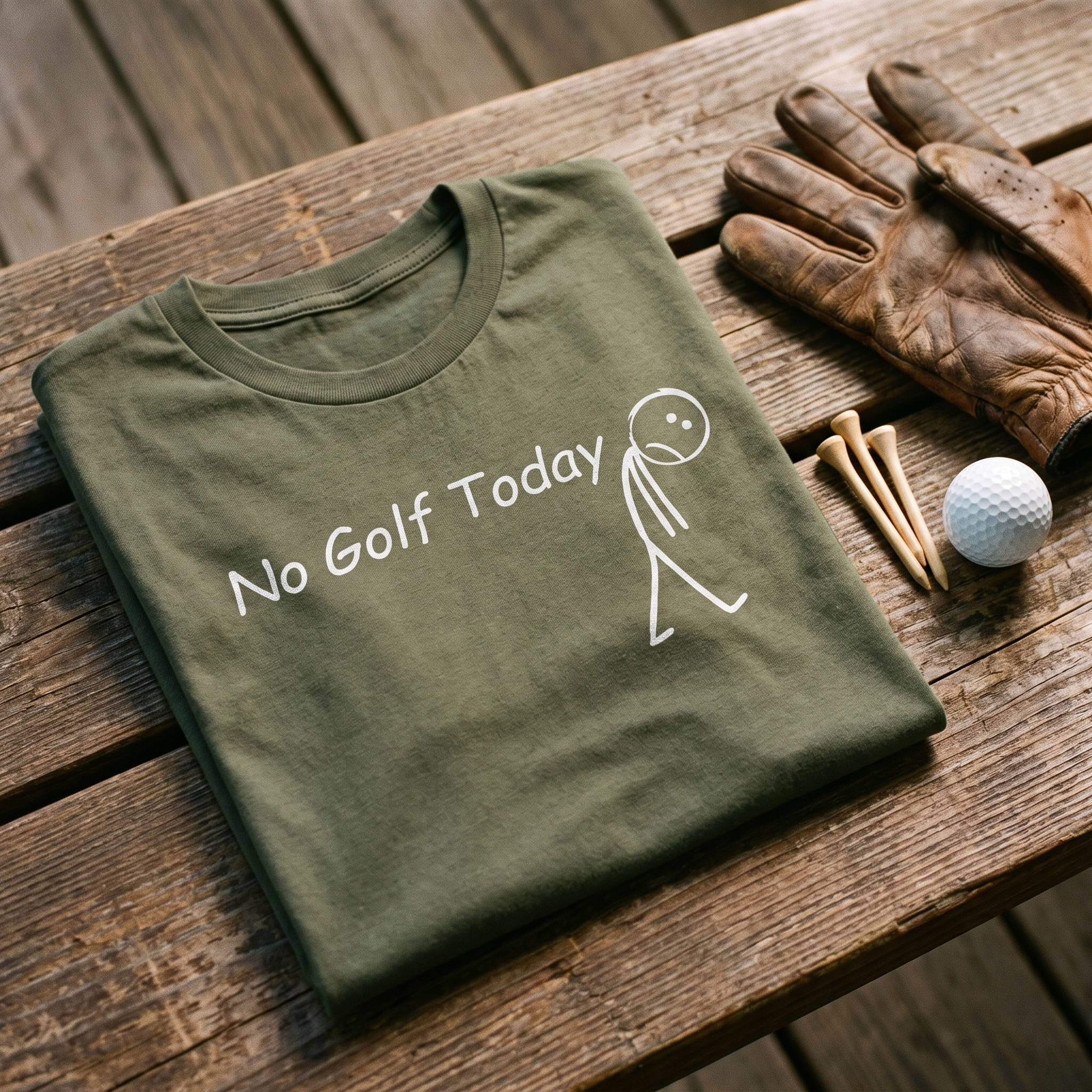 No Golf Today tee folded on a clubhouse bench with glove, tees and ball